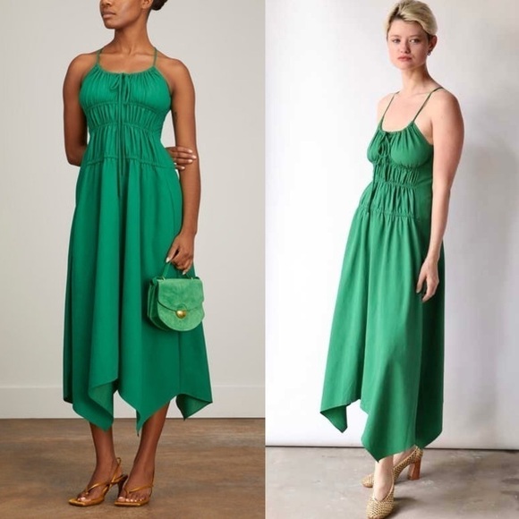 PROENZA SCHOULER Emerald Crepe Ruched Smocked Tie Front Sleeveless Midi Dress 10 - Picture 6 of 16